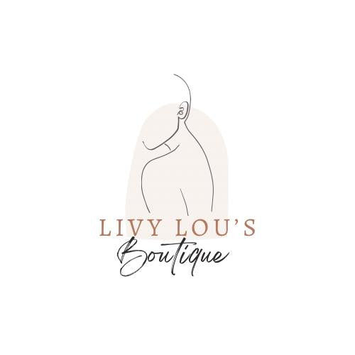 Minimalist logo featuring a single-line drawing of a person with the text "Livy Lou's Boutique" in stylish fonts beneath it. The backdrop is a soft beige shape.
