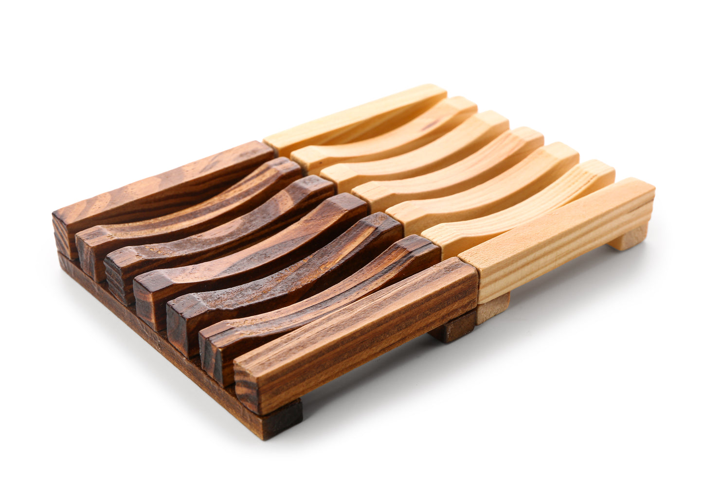 The Amillia Acres Wooden Soap Lift features interlocking curved slats in alternating light and dark wood, arranged in a rectangular pattern—ideal as a natural wood soap saver.