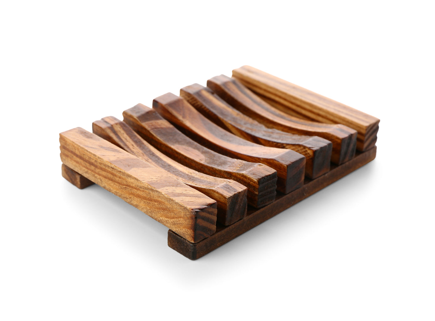 The Amillia Acres Wooden Soap Lift features a natural wood, rectangular design with curved grooves and four short legs, offering a stylish and functional way to keep your soap dry. Displayed on a white background.