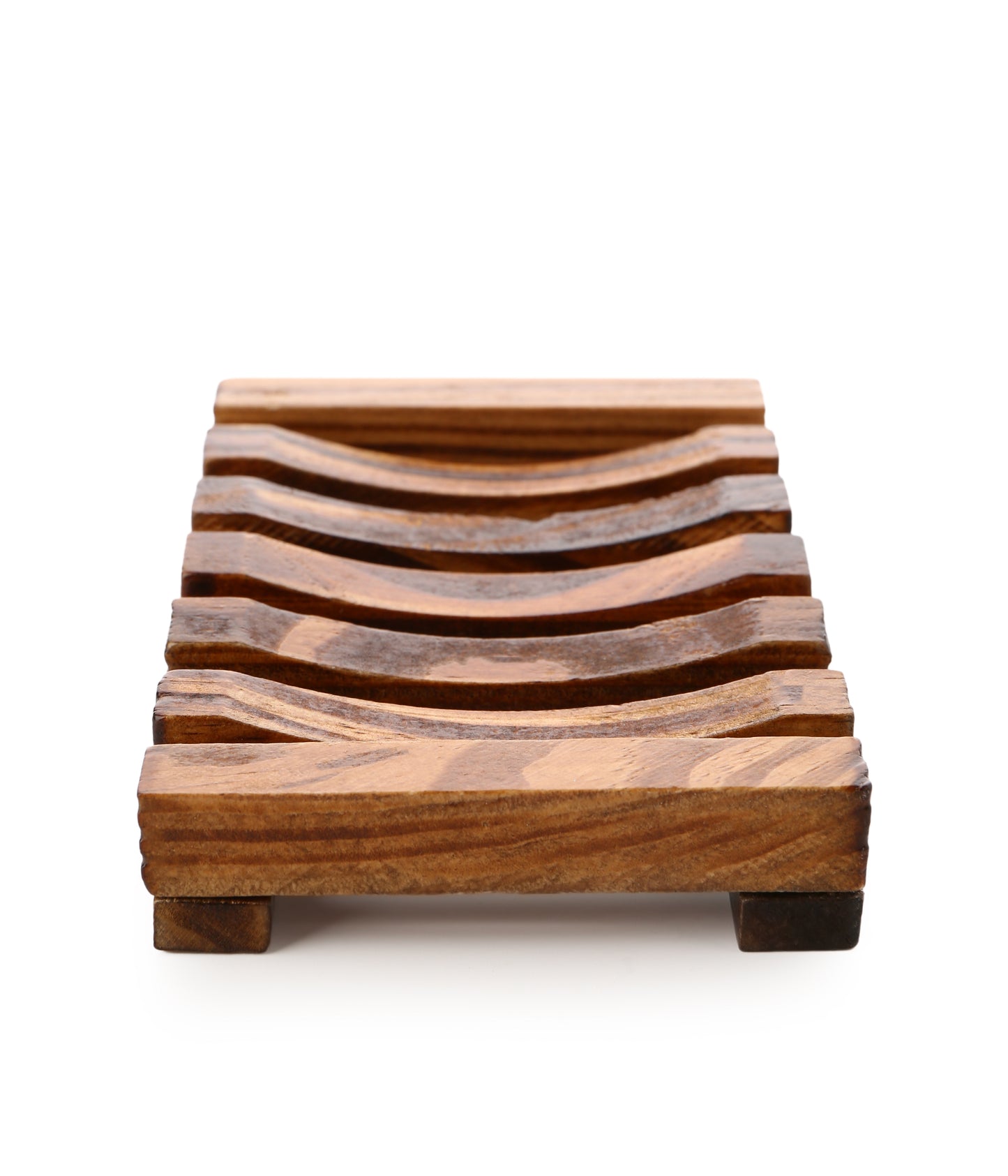 The Amillia Acres Wooden Soap Lift features a slatted, curved design with raised edges; this natural wood soap saver is shown on a white background.