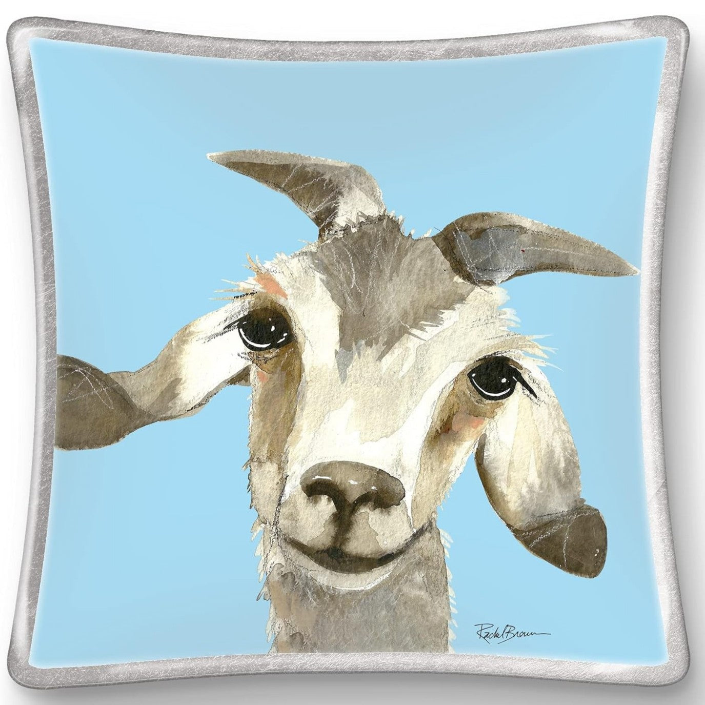 The Gilbert the Goat Glass Trinket Dish by Amillia Acres showcases a vibrant artwork of a curious goat with large eyes and floppy ears on a light blue background, framed by white borders. Its soft, painterly details evoke the charm of a decorative glass piece.