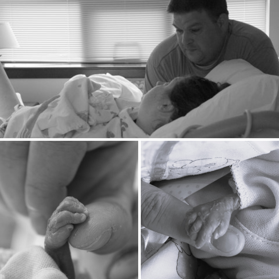 A black and white collage of three images: a couple in a hospital with the woman in bed and the man leaning over her; a tiny baby hand gripping an adult finger, shown twice in different angles.