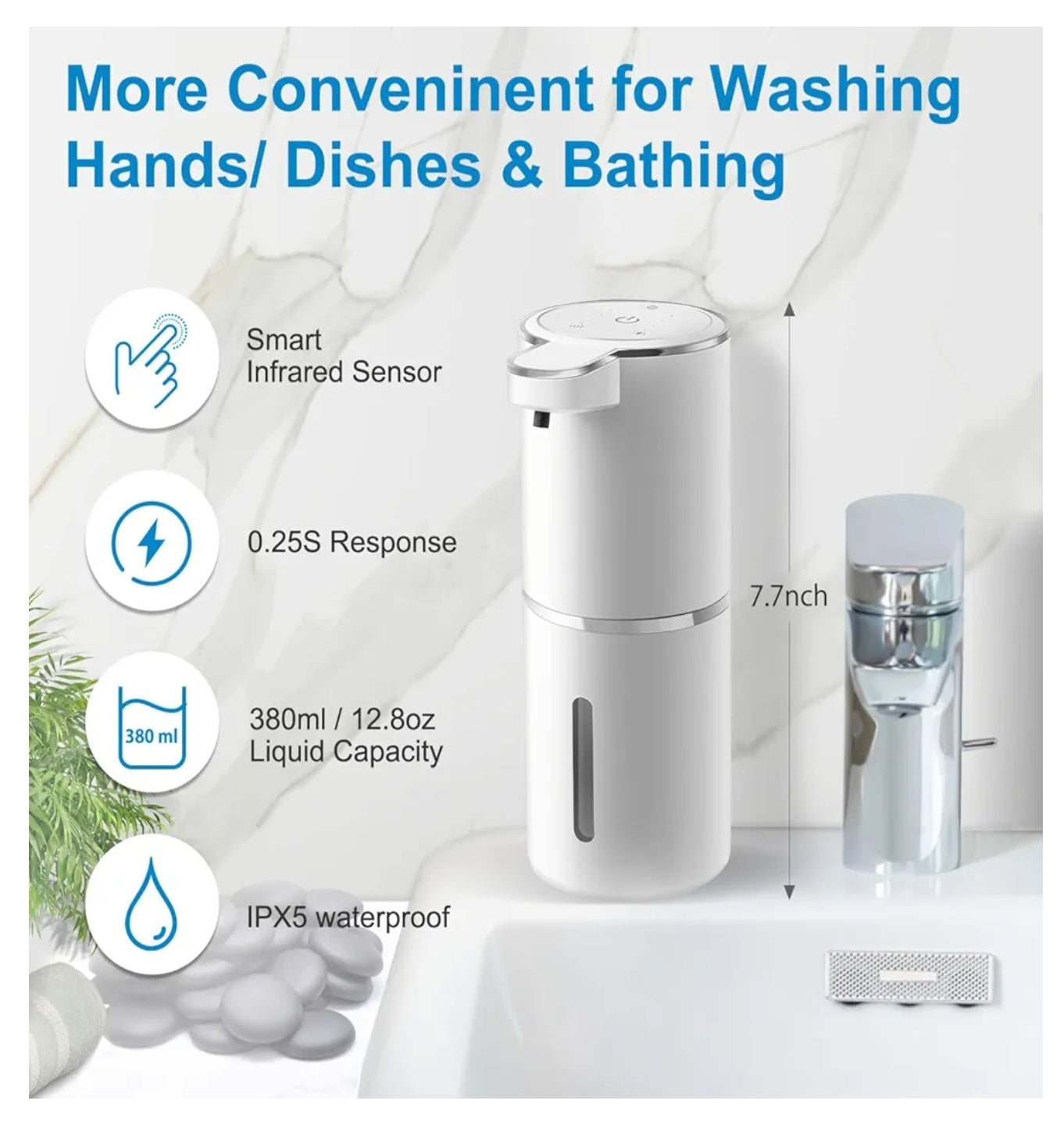 Explore our touchless soap dispenser infographic highlighting the Automatic Foaming Hand Soap Dispenser by Amillia Acres ~ Goat Milk Soaps and Lotions. It features a smart infrared sensor, a 0.25-second response time, a 380ml capacity, stands 7.7 inches tall, and offers IPX5 waterproofing for hands-free bathroom use.