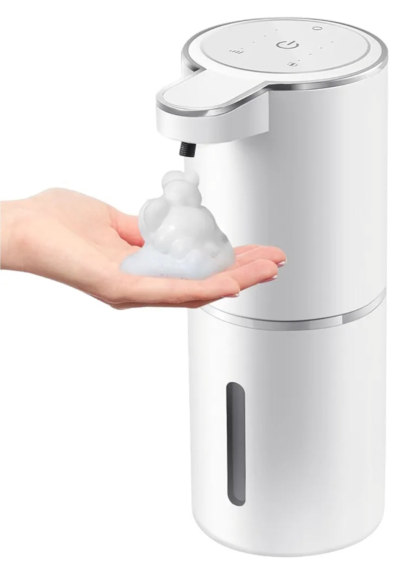 An individual holds their hand under an Amillia Acres ~ Goat Milk Soaps and Lotions Automatic Foaming Hand Soap Dispenser. The sleek, white design with silver accents dispenses foam soap touchlessly into the palm, while a semi-transparent window reveals its 4-level adjustable foam setting.
