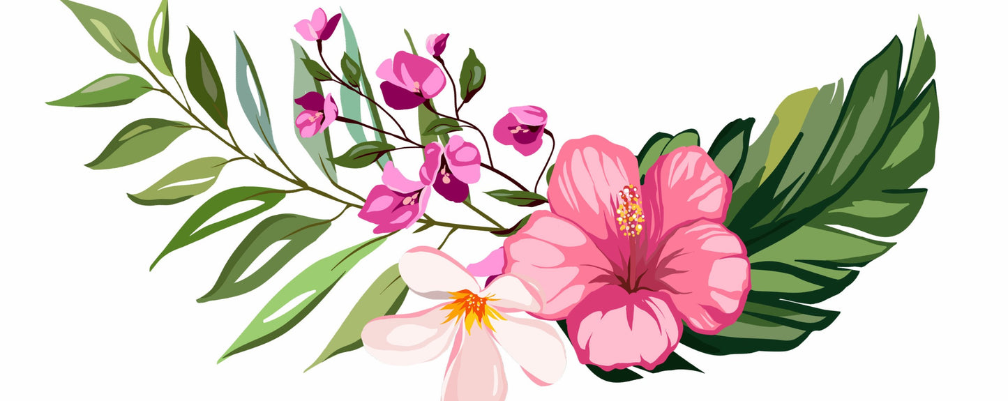 The "Happiness" Goat Milk Lotion by Amillia Acres ~ Goat Milk Soaps and Lotions showcases a tropical design with a large pink hibiscus, small pink flowers on stems, a white flower with an orange center, and assorted green leaves on a white background.