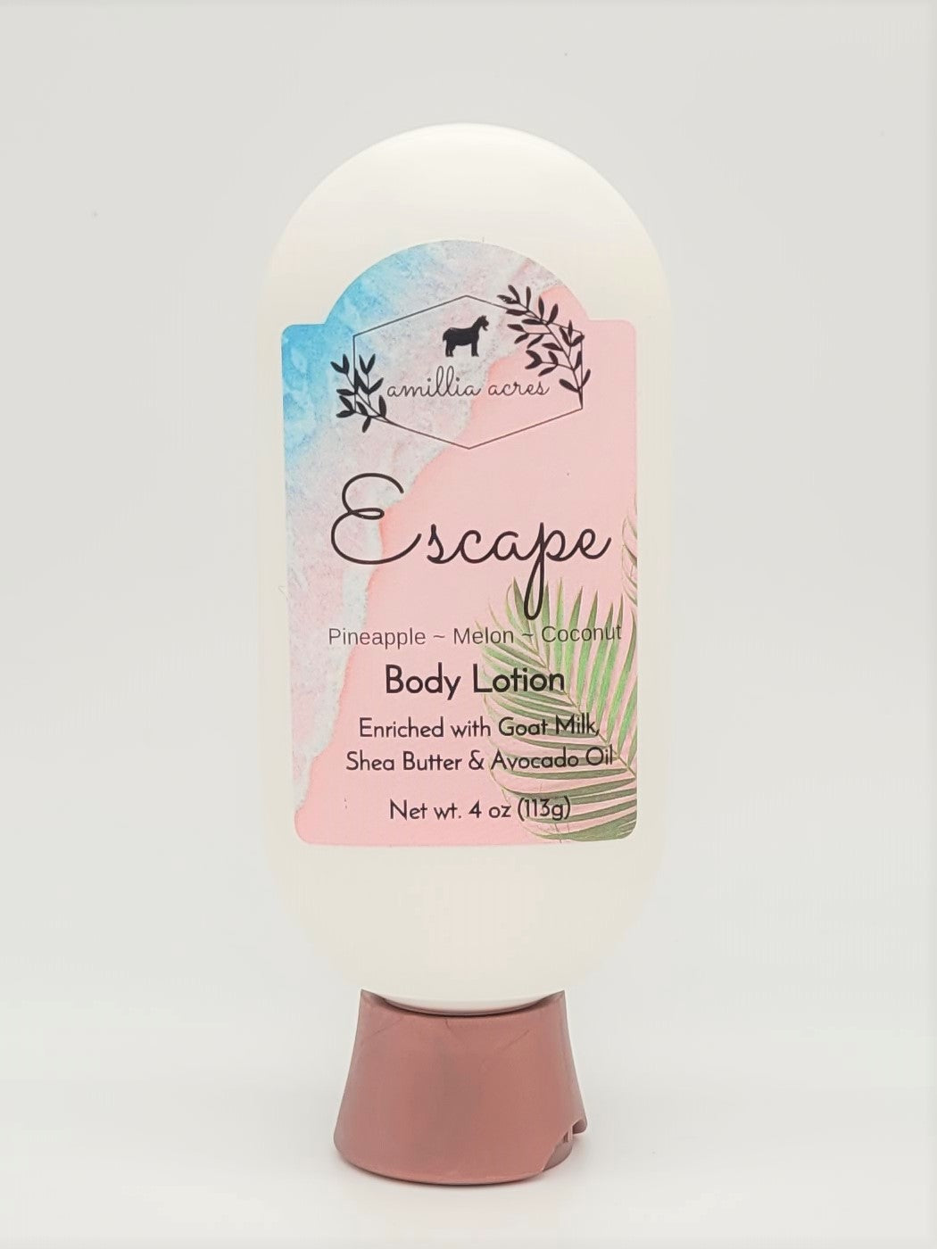 A 4 oz Camillia Acres Escape Goat Milk Lotion bottle, with a pink tropical label, handmade with goat milk, shea butter, and avocado oil. Scented in pineapple, melon, and coconut from Amillia Acres ~ Goat Milk Soaps and Lotions.