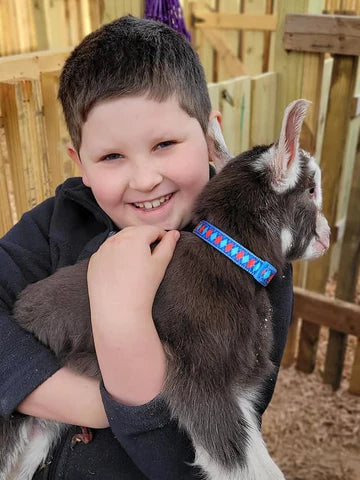 Young boy hugging a brown and white baby goat tightly.