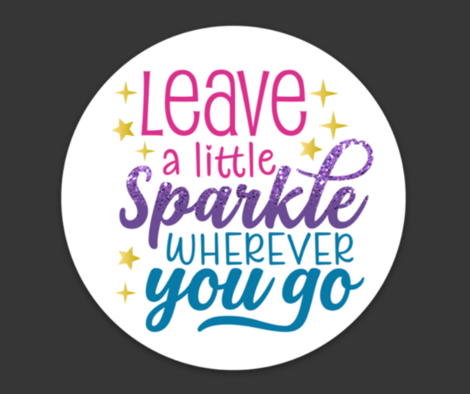 This durable vinyl sticker from Amillia Acres ~ Goat Milk Soaps and Lotions displays "Leave a little sparkle wherever you go" in pink, purple, and blue fonts, accented by yellow stars on a white background for lasting charm.