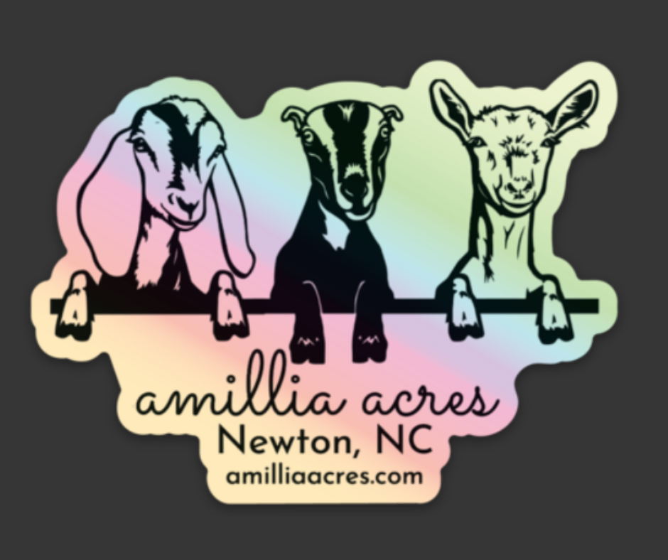 This durable vinyl sticker from Amillia Acres ~ Goat Milk Soaps and Lotions features three goats on a pastel gradient. Text below says "Amillia Acres, Newton, NC" and "amilliaacres.com." Ideal for die-cut sticker enthusiasts!.