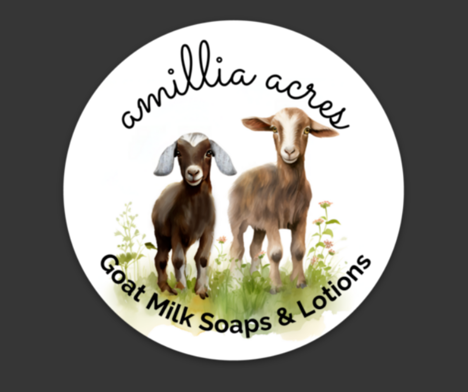 Illustration of two goats on grass with flowers, featuring "Amillia Acres" in script above and "Goat Milk Soaps & Lotions" in bold below. The design, set on a white circle against a dark grey backdrop, is printed on durable vinyl for die cut stickers. Brand: Amillia Acres ~ Goat Milk Soaps and Lotions.