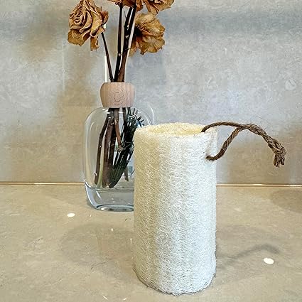 The Amillia Acres Natural Loofah Sponge, a cylindrical eco-friendly scrubber with a rope loop, rests on a countertop. Behind it, a clear glass vase holds dried brown flowers against a neutral wall.