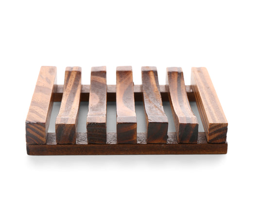 The Amillia Acres Wooden Soap Lift features parallel slats and a rectangular design that lets water drain, keeping your soap dry. Photographed against a white background.