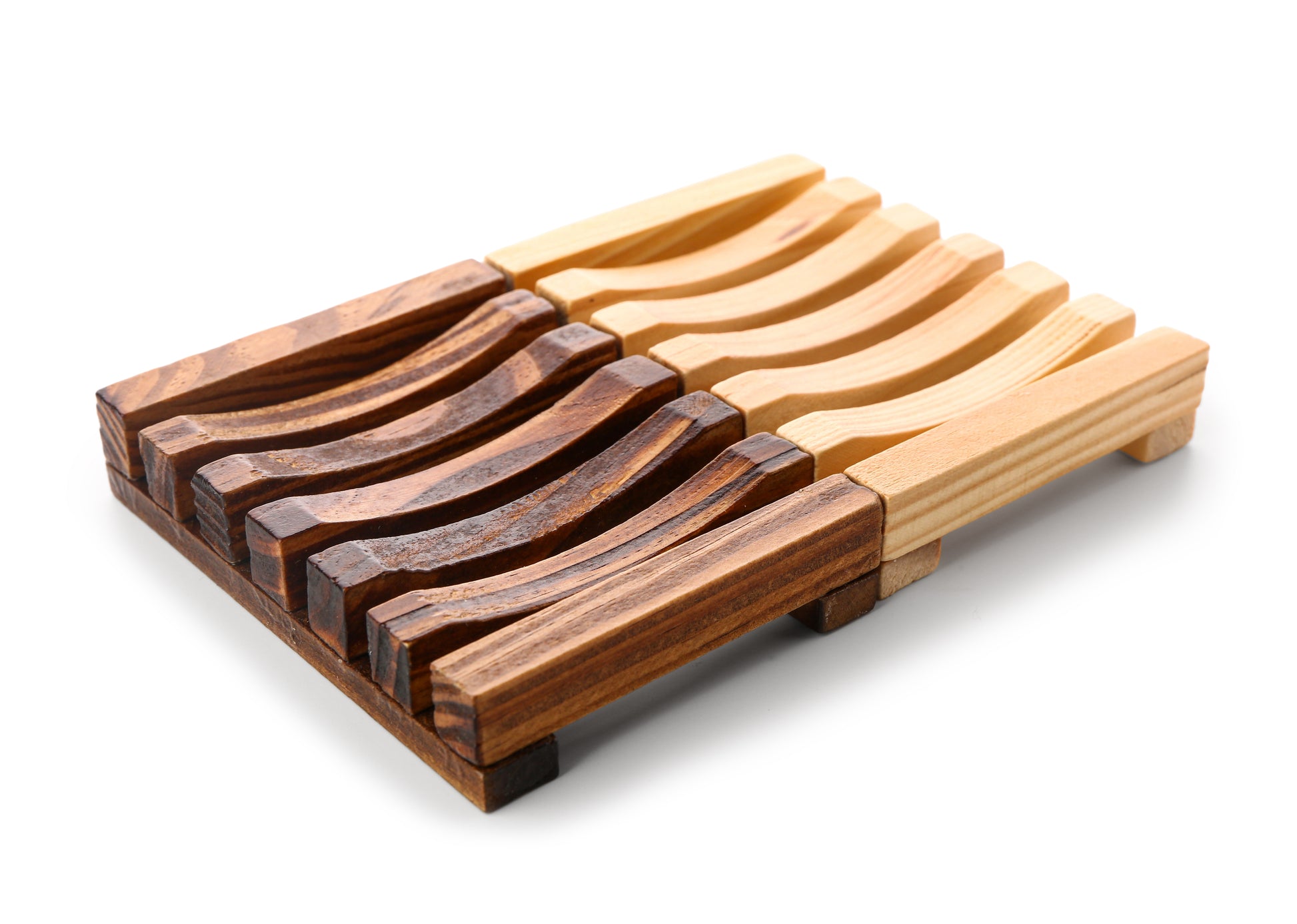 The Amillia Acres Wooden Soap Lift features interlocking curved slats in alternating light and dark wood, arranged in a rectangular pattern—ideal as a natural wood soap saver.