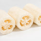 Three Amillia Acres Natural Loofah Sponges are arranged side by side on a white surface, highlighting their fibrous texture and hollow centers, ideal for gentle exfoliation as an eco-friendly scrubber.