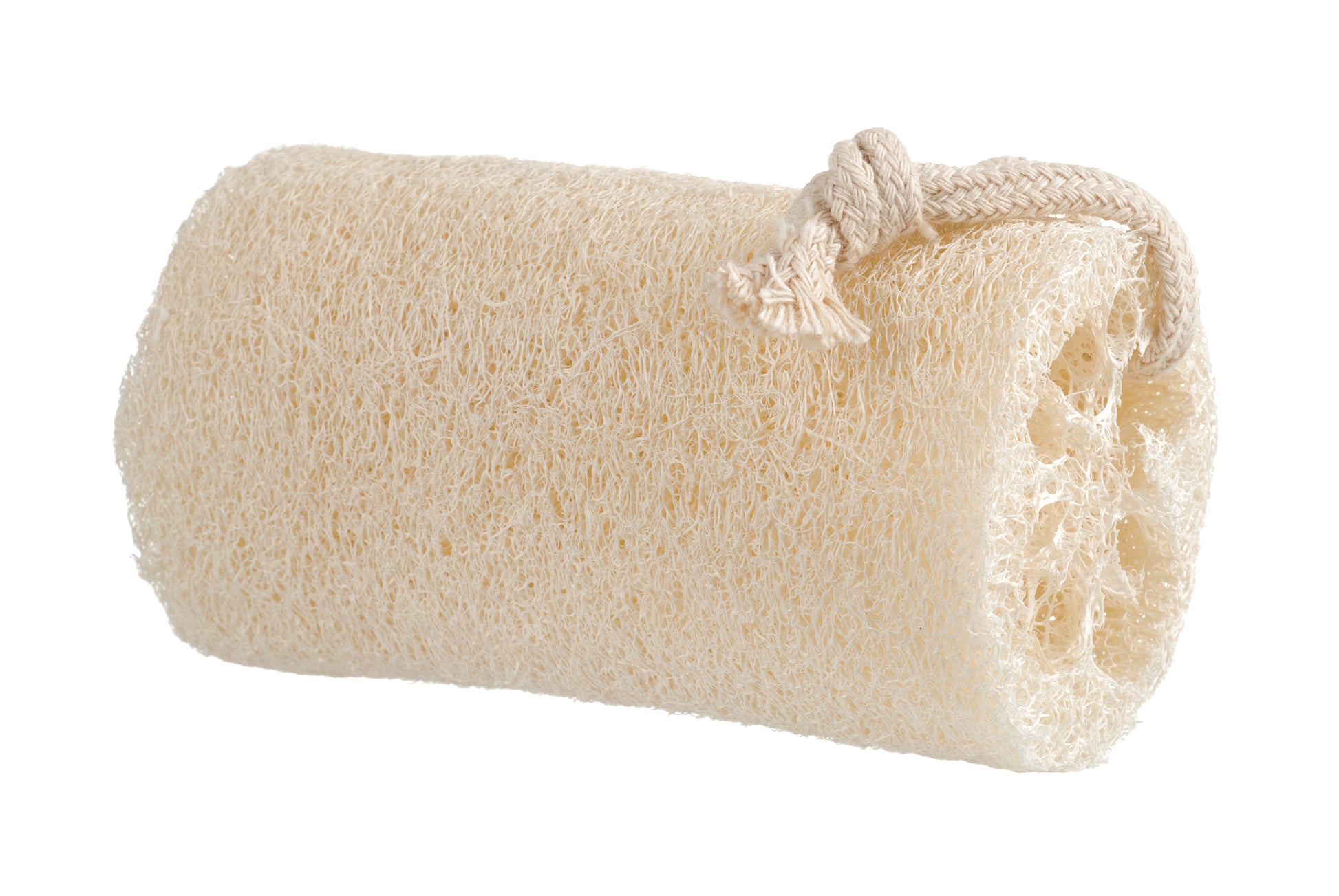 The Amillia Acres Natural Loofah Sponge, featuring a thick rope loop, is an eco-friendly scrubber displayed against a white background.