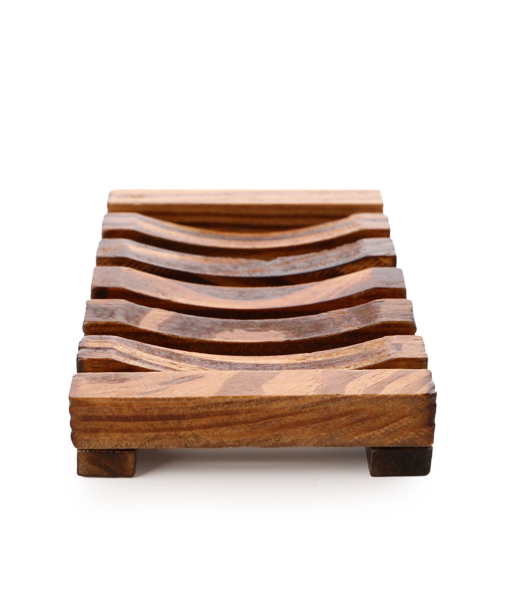 The Amillia Acres Wooden Soap Lift features a slatted, curved design with raised edges; this natural wood soap saver is shown on a white background.
