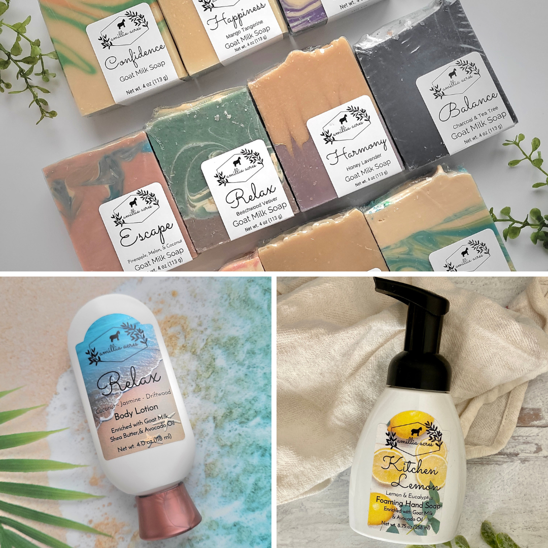 An arrangement featuring various goat milk soaps labeled with themes like Relax, Balance, and Harmony. Below, there's a tube of Relax body lotion with seaweed, and a Kitchen Lemon scented foaming soap pump. Small greenery accents are included.