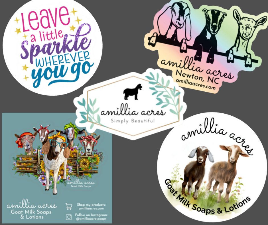 A vibrant collection of Amillia Acres Vinyl Stickers displays colorful goats, flowers, and phrases like "Leave a little sparkle wherever you go" and "Goat Milk Soaps & Lotions." These durable vinyl die-cut stickers celebrate Newton, NC with charm.