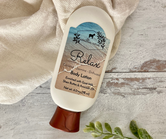 Relax lotion lying peacefully on a vintage wood surface with a small cloth underneath and a peak of boxwood plant at the bottom