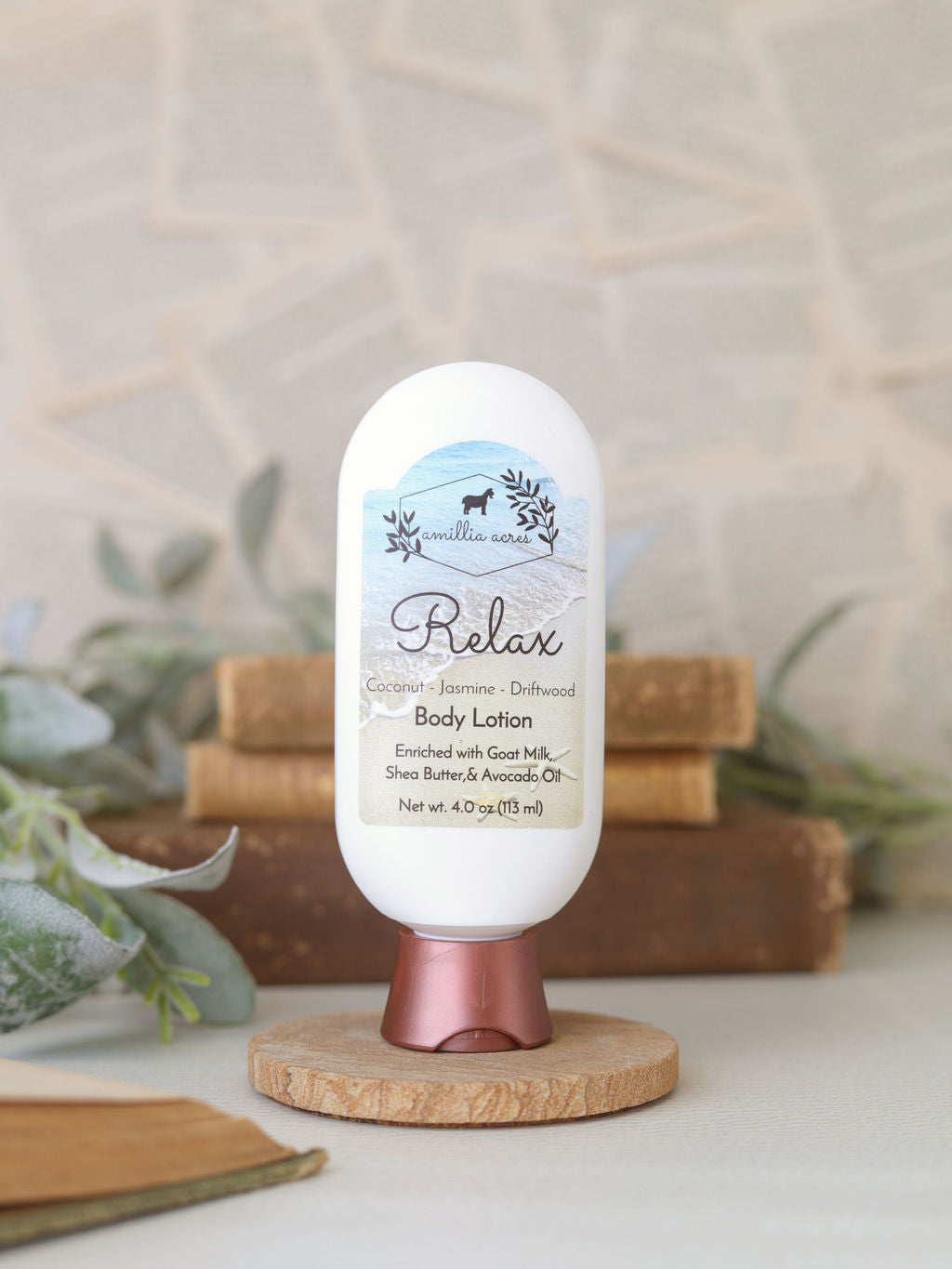 The Relax Goat Milk Lotion by Amillia Acres ~ Goat Milk Soaps and Lotions features coconut, jasmine, and driftwood scents. Handmade with shea butter and avocado oil, it offers a luxurious moisturizing experience.