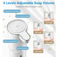 Image of the Amillia Acres Automatic Foaming Hand Soap Dispenser showcasing a "4-Level Adjustable Foam" feature, with "Continuplus Foam Button" and "Touch Control Switch." Indicators display foam level and battery status for touchless handwashing.