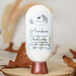 A white bottle of Amillia Acres Awaken Goat Milk Lotion with eucalyptus and spearmint rests on a wood slice among dried leaves, featuring goat milk, shea butter, and avocado oil against a neutral background.