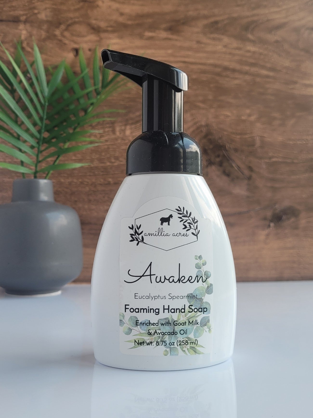 photo of all natural goat milk foaming hand soap in eucalyptus spearmint