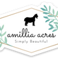 The Amillia Acres ~ Goat Milk Soaps and Lotions logo, showcasing a horse silhouette with the tagline "Simply Beautiful," is set in a hexagonal frame with green and blue leaves. Crafted on durable vinyl, this design makes perfect die cut stickers.